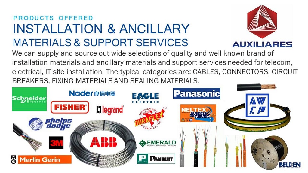 cables, connectors, circuit breakers, fixing materials, sealing materials